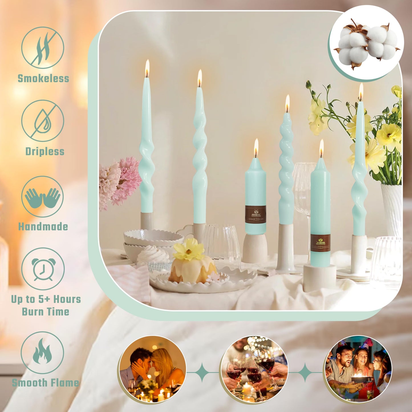 Mint Green Short Taper Candle 7 Inch Candlesticks Unscented Dripless Tapered Candle Set for Home Decor Wedding Party Dinner Candles