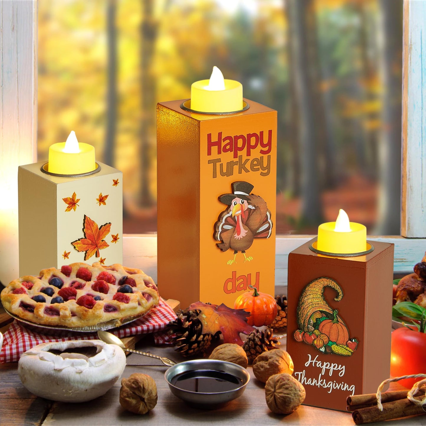 BlcTec Thanksgiving Decorations for Home 3 PCS Wood Candle Holders with LED Tea Lights & 3D Carving Craft, Rustic Candle Centerpieces for Home, Table, Office, Tiered Tray Fall Decor Thanksgiving Decor