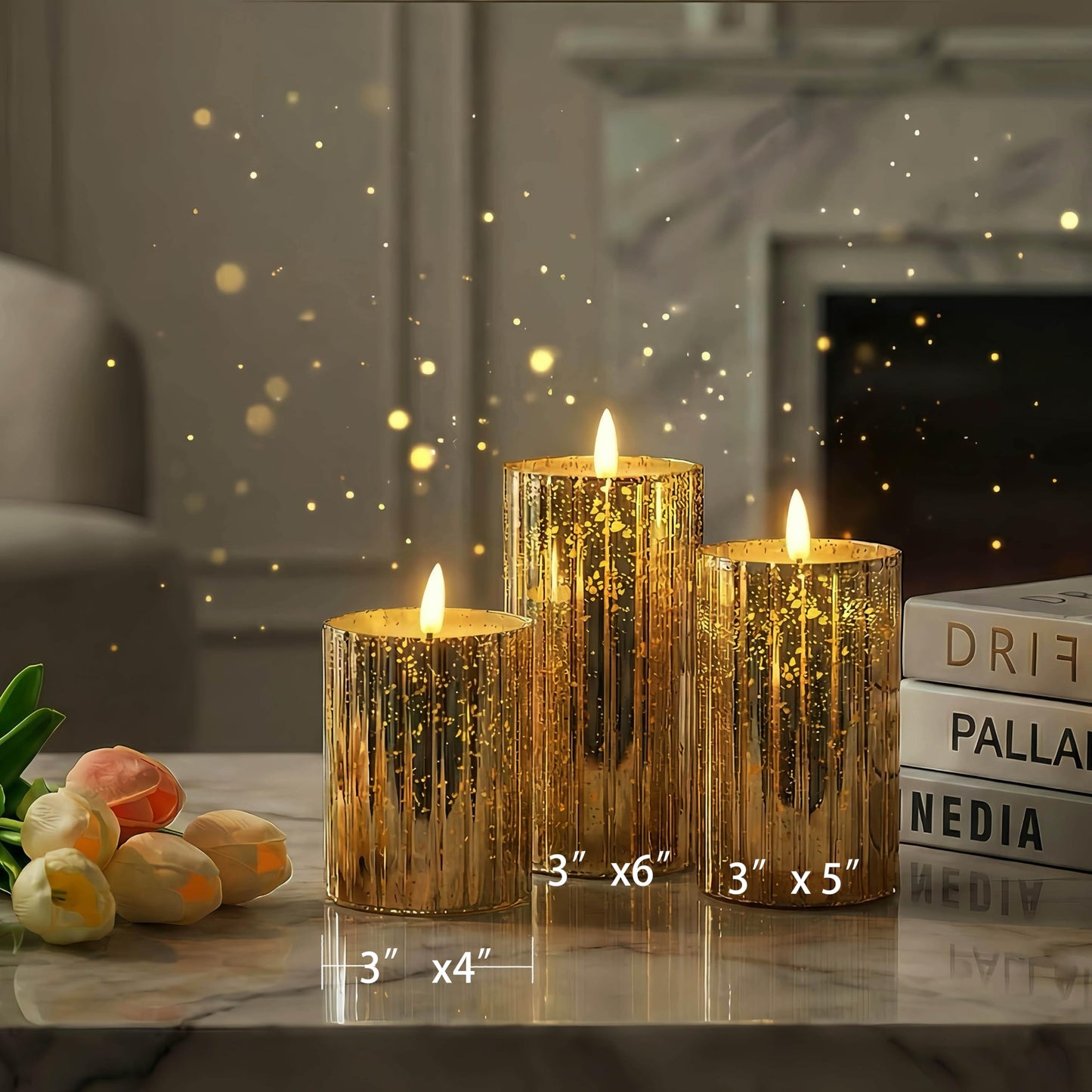 volnyus Gold Glass Flameless Candles Set - 3 Pack(Φ 3" H 4" 5" 6") with Remote,Battery Operated Flickering LED Pillar Candles,Starscape LED Night Lights for Christmas,Home Decor