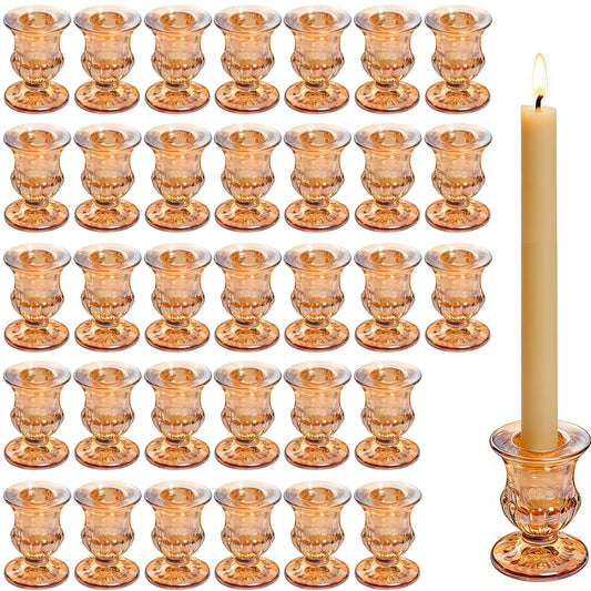 48 Pcs Clear Glass Taper Candle Holders Bulk, 2.5 Inch Small Candlestick Stands, Elegant Table Centerpieces for Wedding, Christmas, Valentine’s Day, Party, Home and Dining Room Decorations (Amber)