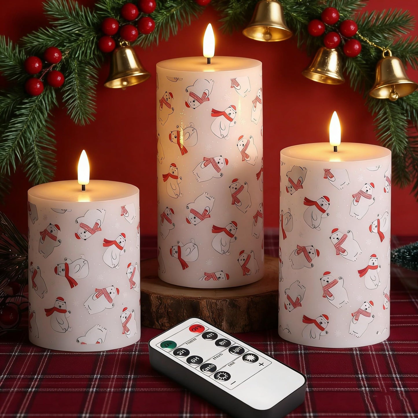 Eywamage Flameless Pillar Candles with Remote, Flickering Bear LED Candles Battery Operated Set of 3