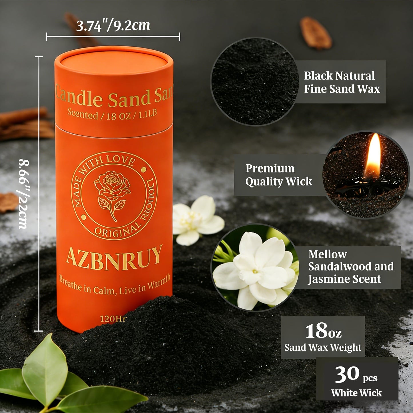Pearled Sand Candles with Wicks 18 Oz-Refillable Sandalwood&Jasmine Scented Natural Pearled Candle Sand Wax Pearl Candle Powder Beads-Non Toxic Luxury Long Lasting 120 Hours Candles Making Kit Black