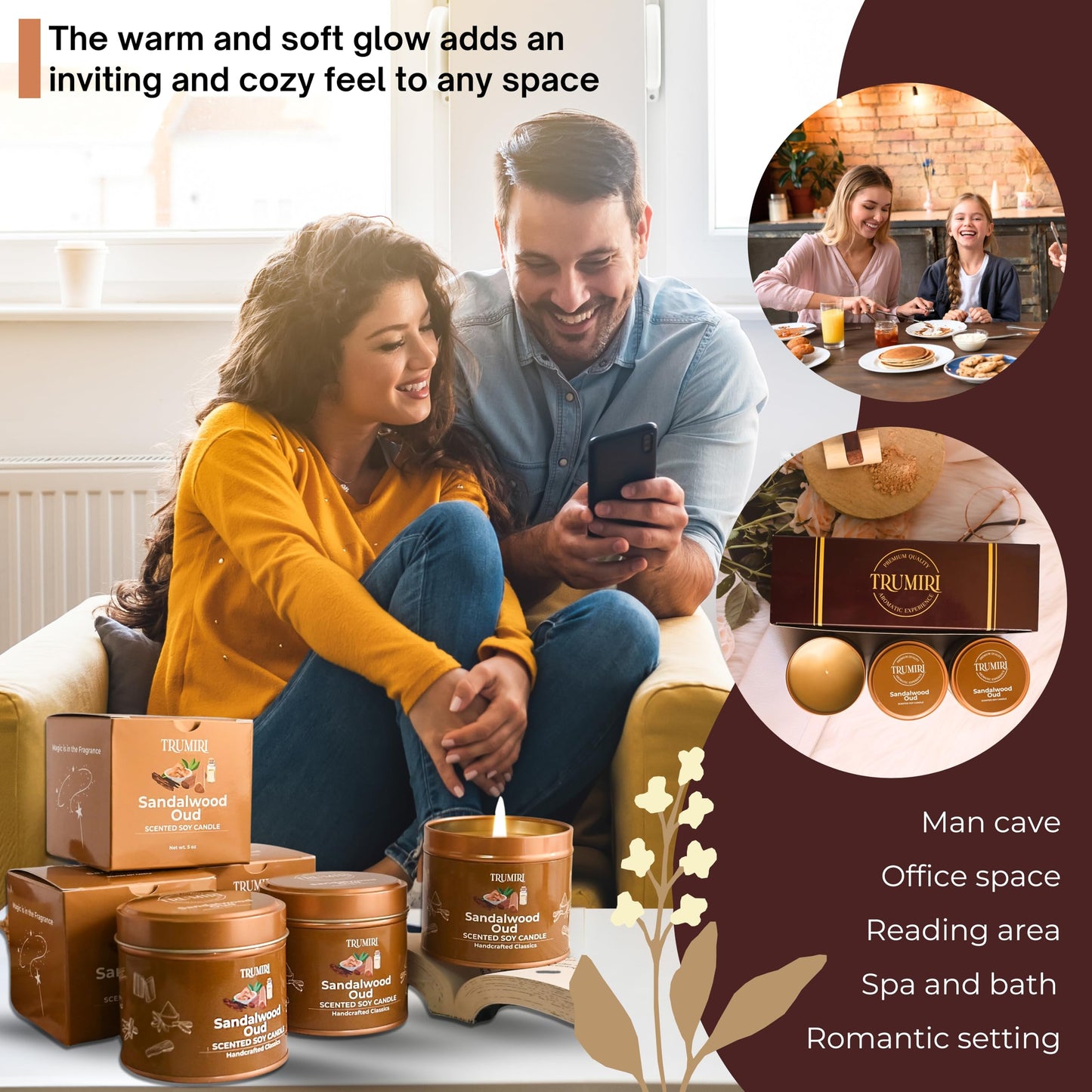 Sandalwood Oud - Scented Candles for Men - Pack of 3 x 5oz Natural Soy Clean Organic Non Toxic - Masculine Scent Gifts - Candel for Home Bedroom Bathroom Apartment Room Décor - New House Essentials