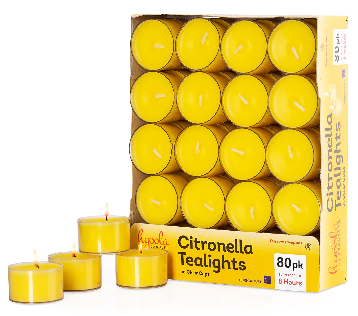 Hyoola Tealight Citronella Candles Outdoor, 8 Hour Burn Time - Indoor and Outdoor Mosquito, Insect and Bug Repellent Citronella Candle, Natural Fresh Scent, Decorative in Clear Cup (Pack of 80)