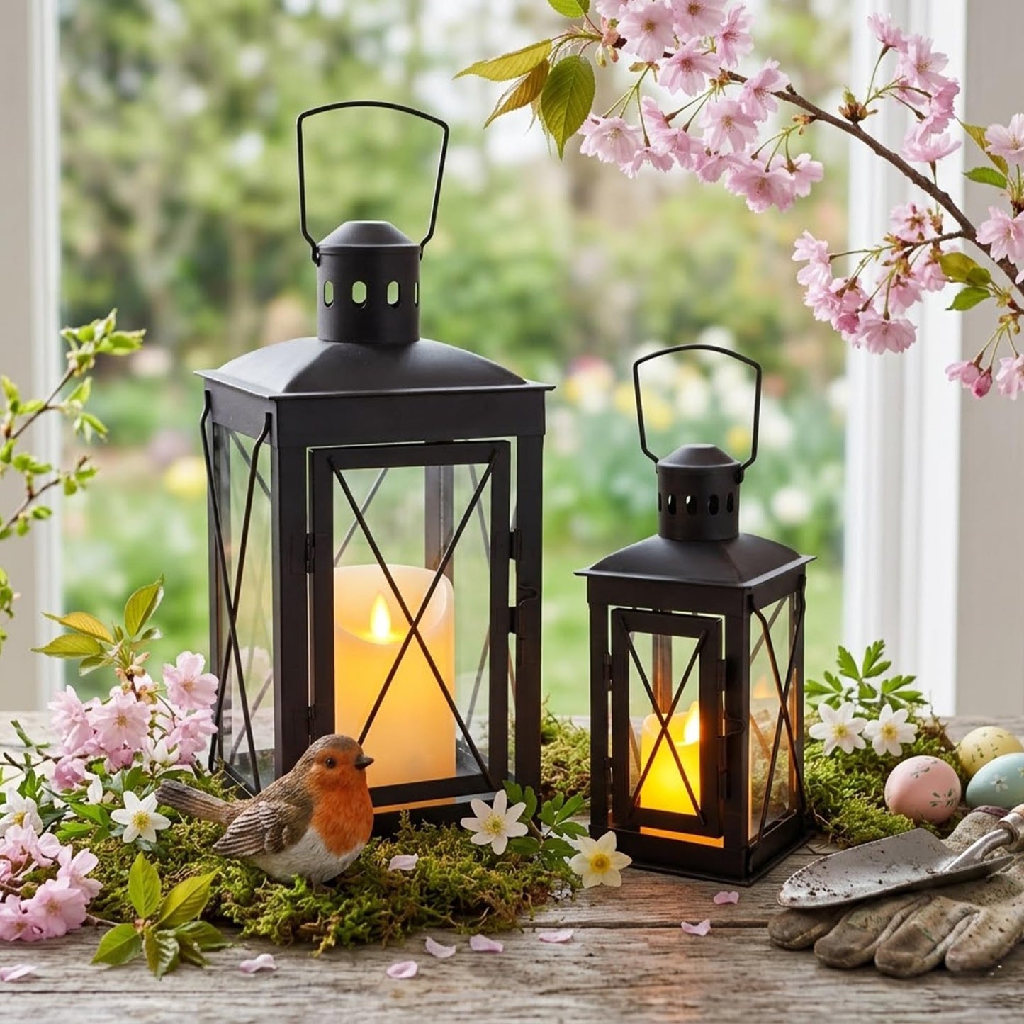 TRIROCKS Set of 2 Decorative Candle Lantern 12'' & 8'' High Metal Candle Holder Hanging Lantern Perfect for Home Decor Patio Living Room Parties Events Tabletop Indoors Outdoors (Black)
