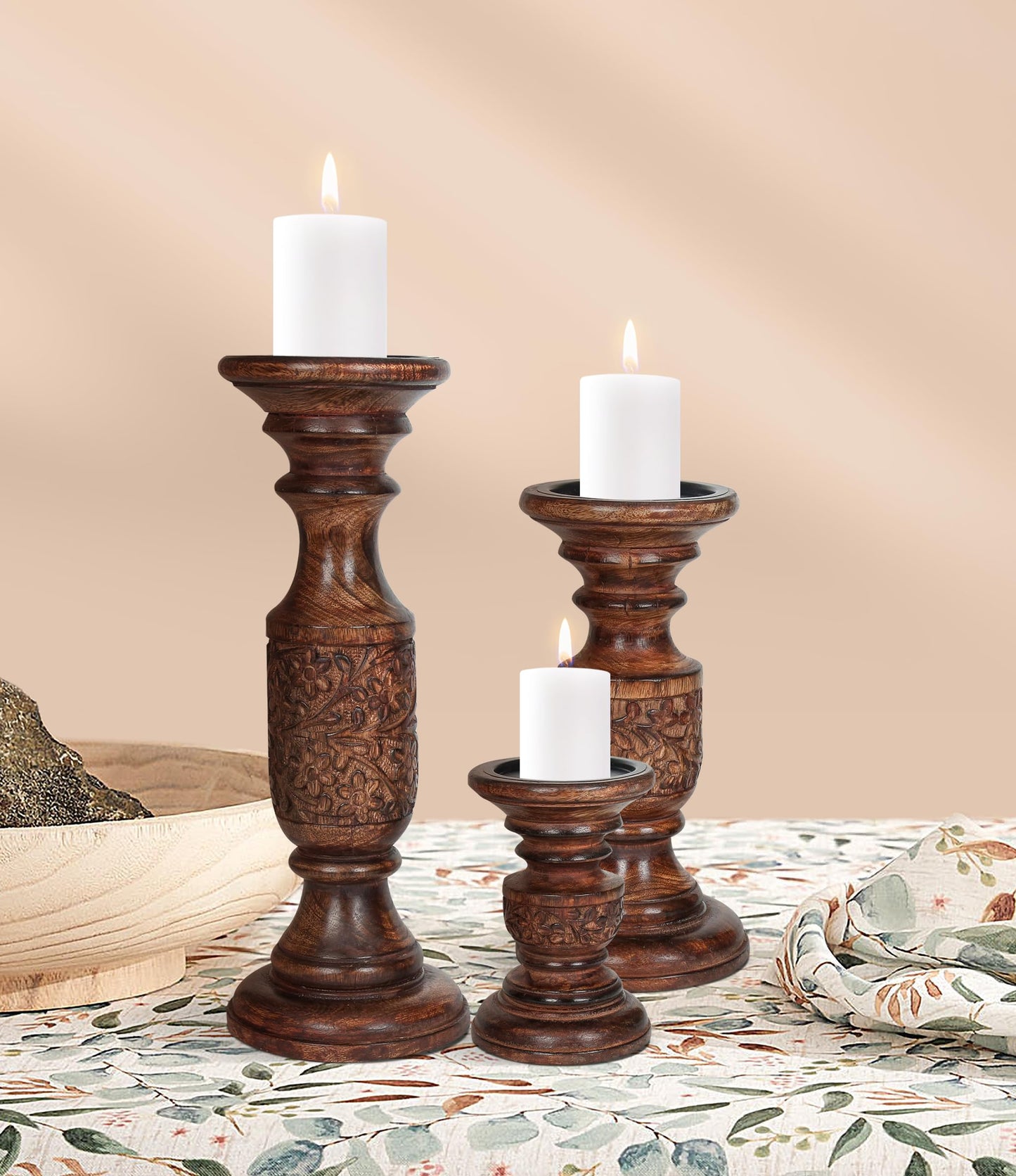 Hand Carved Wooden Pillar Candle Holders - Set of 3 |Carving Decorative Style | Crafted from Mango Wood | Rustic Table Centerpiece Decor | Sized 6", 9" and 12" - Dark Burnt