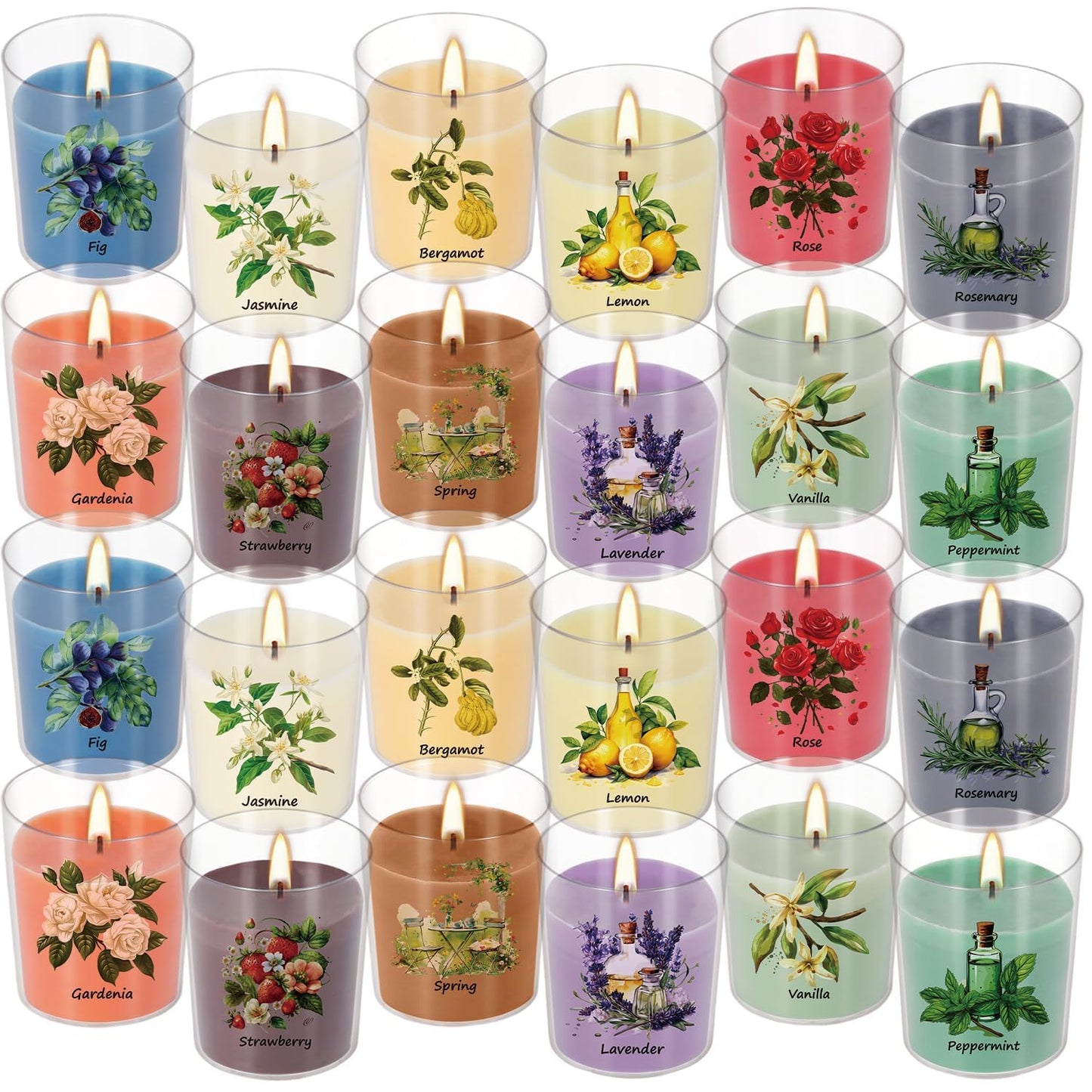 Aromatherapy Candles Set - 24 Pack Scented Candles with 12 Natural Fragrances, Votive Candles in Clear Plastic Jars for Home Decor, Stress Relief, Sleep, Ideal Gift for Women,Mother's Day, Birthday.