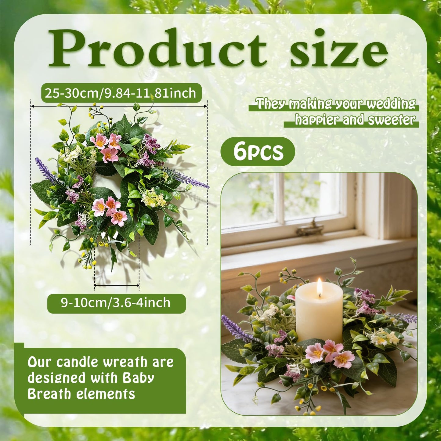 6 Pcs Small Spring Summer Candle Ring Wreaths with Artificial Pink Flower Purple Lavender Yellow Berry Mini Pillar Candle Holder Wreath with Green Leaves for Home Kitchen Table Centerpieces Wall Decor