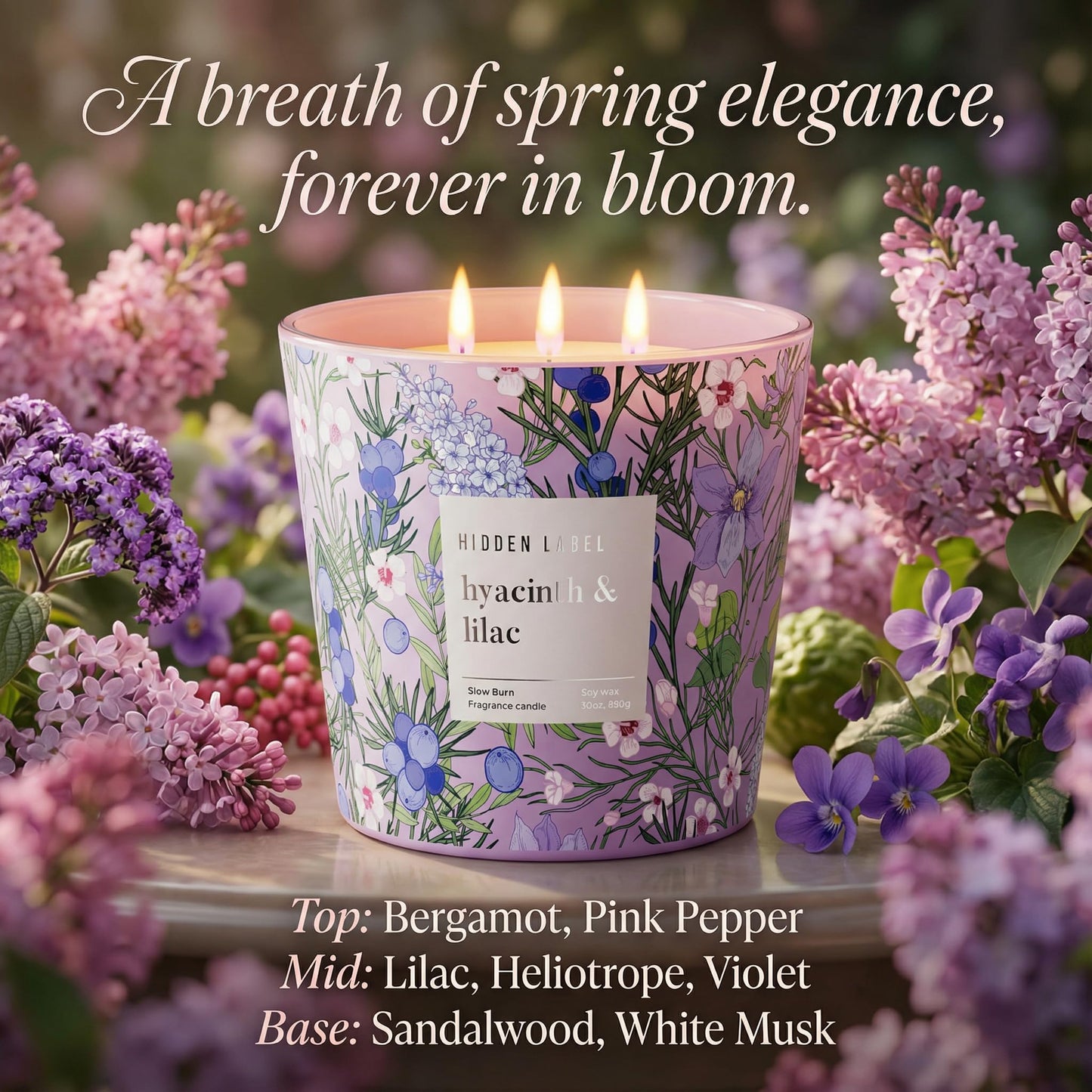 Hidden Label Large Soy Candle, Hyacinth Lilac Scented, 3 Wick 30oz, 100Hr Burn, Natural Non-Toxic Aromatherapy Stress Relief, Home Scent, Spa