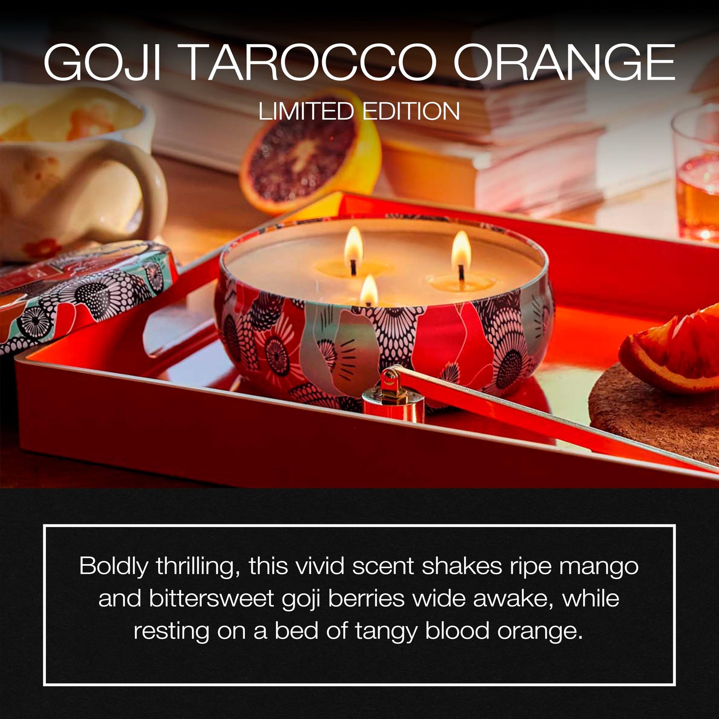 Voluspa Limited Edition Goji Tarocco Orange 3 Wick Tin Candle, 12 oz, 40 Hour Burn Time, Coconut Wax for Clean Burning, Handmade in The USA