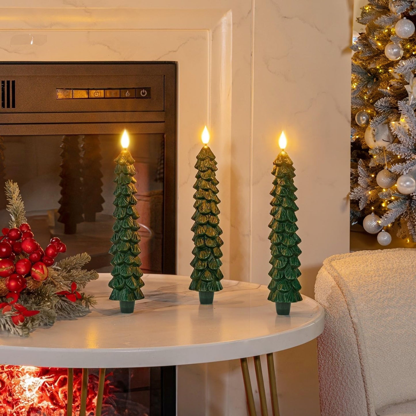 Homemory 3 Pcs Christmas Tree Candles with Remote, Waxy Flameless Taper Candles Flickering, Green LED Candlesticks Battery Operated for New Year Celebration Holiday Decorations 9.7 Inches