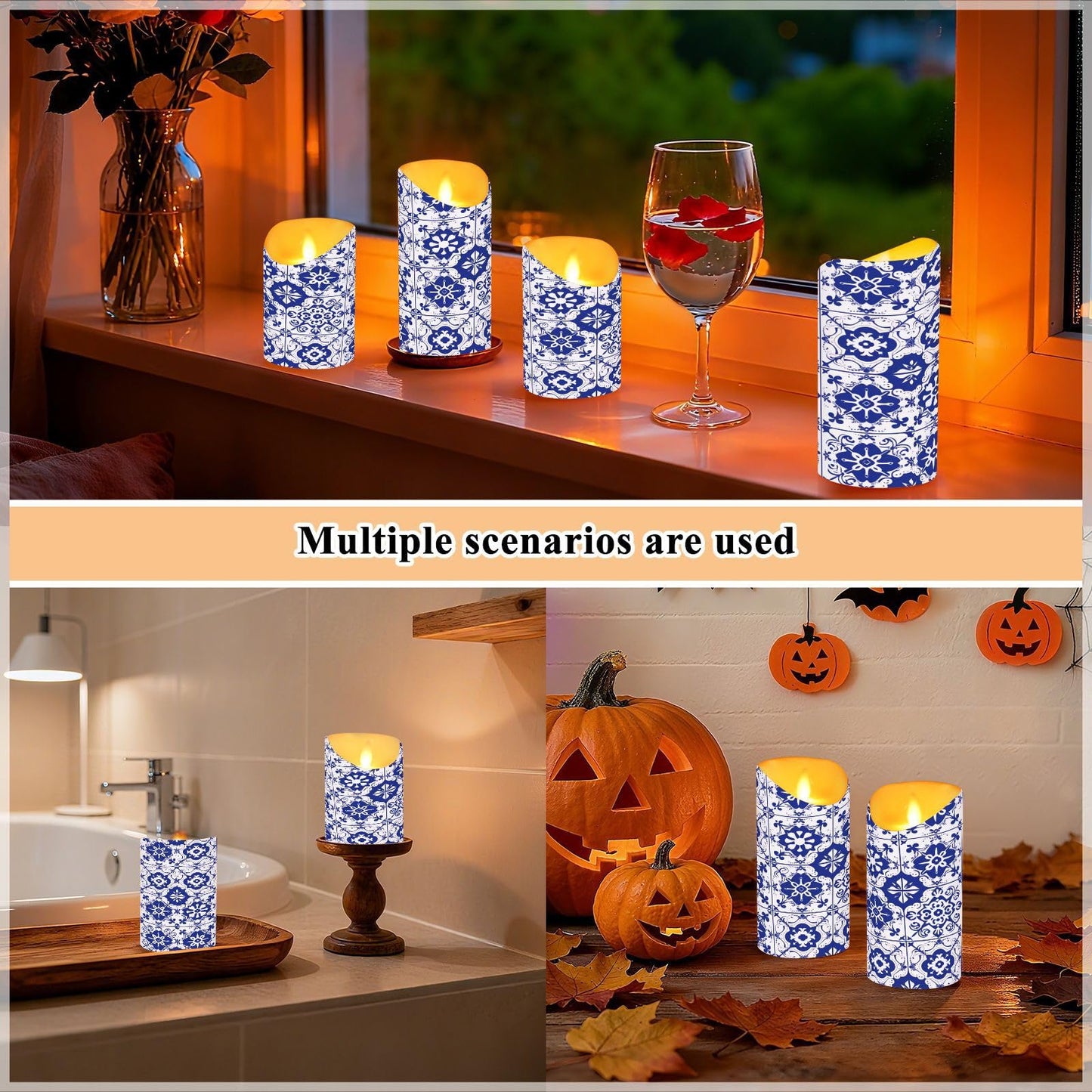 Gravopti Spanish Tiles 2 Pack Flameless LED Pillar Candles with Remote & Timer, Battery Operated, Flickering Wax Candle for Wedding, Romantic Home & Party Decor