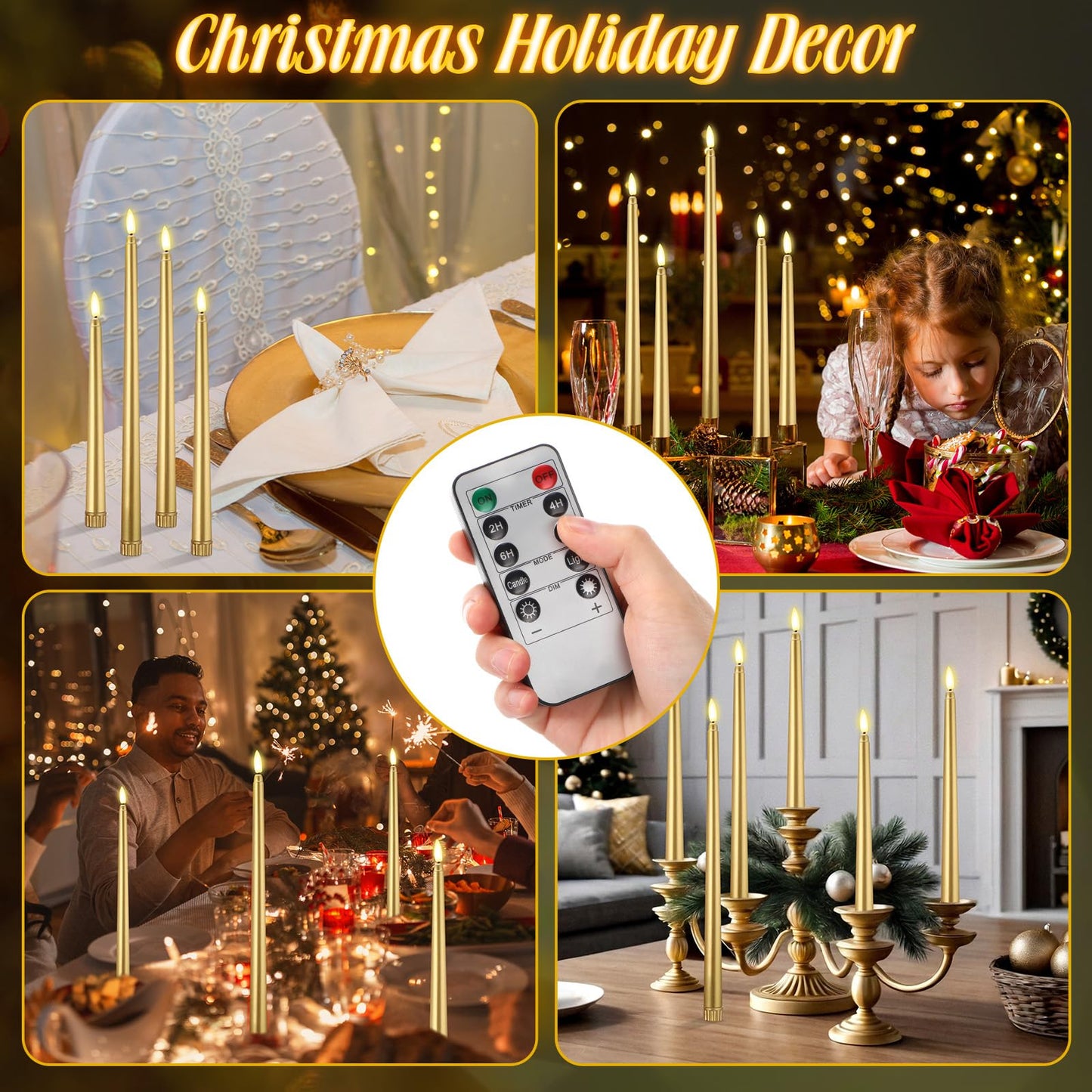 Rossesay 28 Pcs Flameless Taper Candles with Timer Remote 4 Sizes of 8.5", 9.6", 10.83", 12.8" LED Flickering Taper Candles Battery Operated for Valentine's Day Church Wedding Home Decor(Gold)