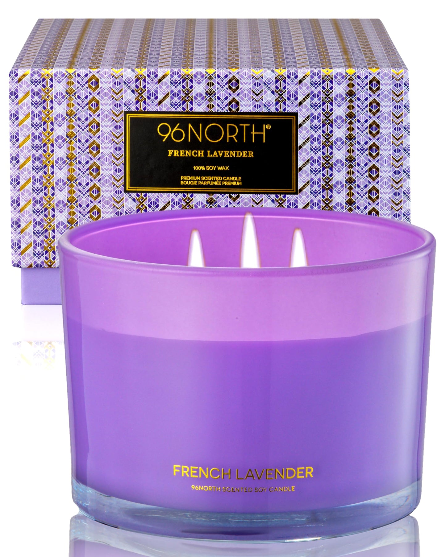96NORTH Luxury Lavender Soy Candle | Large 3 Wick Jar Candle | Up to 50 Hours Burning Time | 100% Natural Soy Wax | Relaxing Aromatherapy Aesthetic Candle | Housewarming Gift for Women and Men