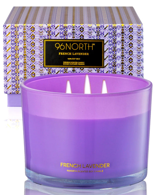 96NORTH Luxury Lavender Soy Candle | Large 3 Wick Jar Candle | Up to 50 Hours Burning Time | 100% Natural Soy Wax | Relaxing Aromatherapy Aesthetic Candle | Housewarming Gift for Women and Men