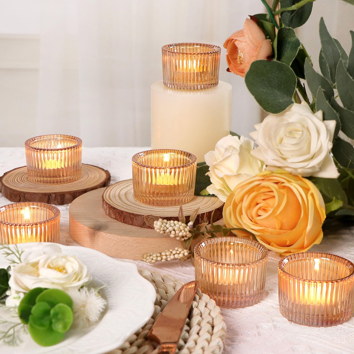 Lanttu Tealight Candle Holder Set of 12, Gold Small Votive Candle Holders for Table Centerpiece, Glass Tea Light Candles Holder for Party & Home, Wedding Decor (2'' Dia x 1.4'' H)