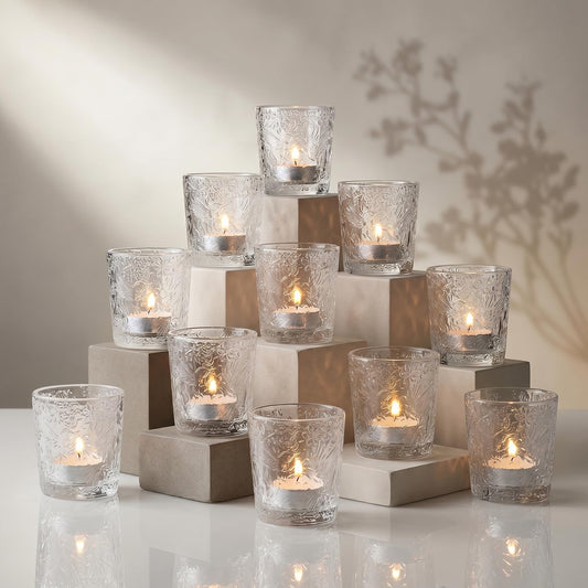 12 Pack Hummingbird Embossed Glass Candle Holders – Votive Tealight Holders with Patent Design, Decorative Embossed Glass Cups for Wedding Centerpieces, Parties, and Home Décor (Crystal Clear)