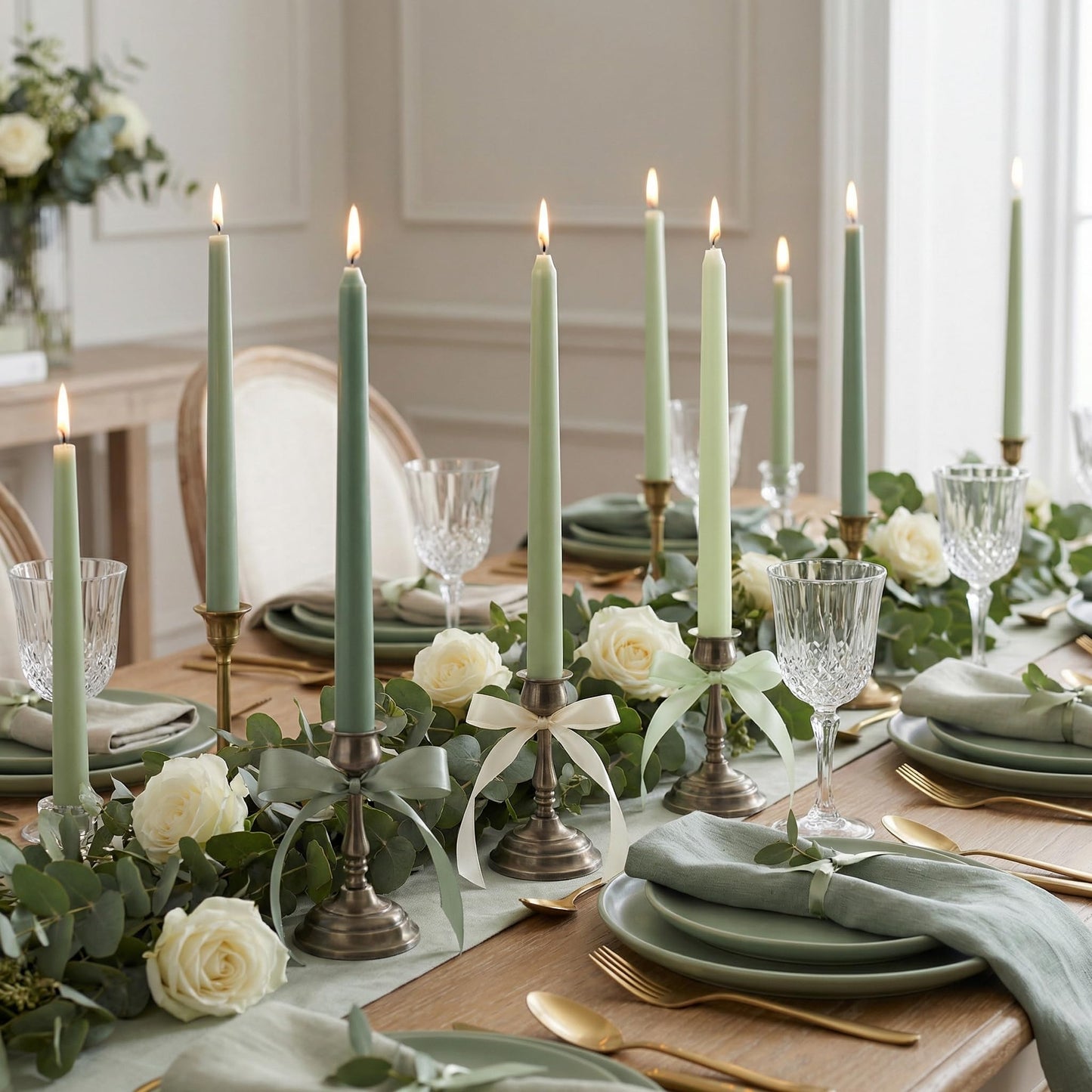 Windkream 12 Pcs Sage Green Series Taper Candles with 3 Rolls of Ribbon 10 Inch Candle, Candlestick Decor for Baby Shower, Home, Wedding, Summer, Outdoor Dinner Holiday Party Decor