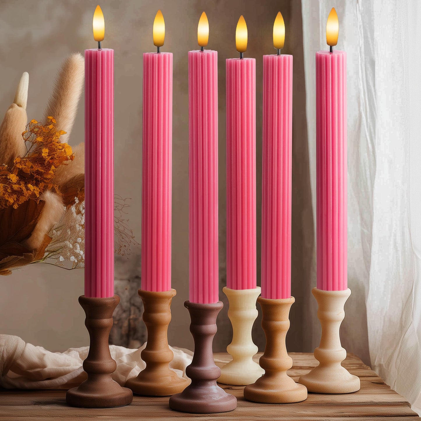 West Ivory 12 Pack, 10" LED Flameless Pink Fluted Ribbed Grooved Taper Candles with 2 Remotes & 24h Timer Memory, On/Off Button, Dimmable, Flicker Mode, Battery Operated, Christmas Menorah Wedding