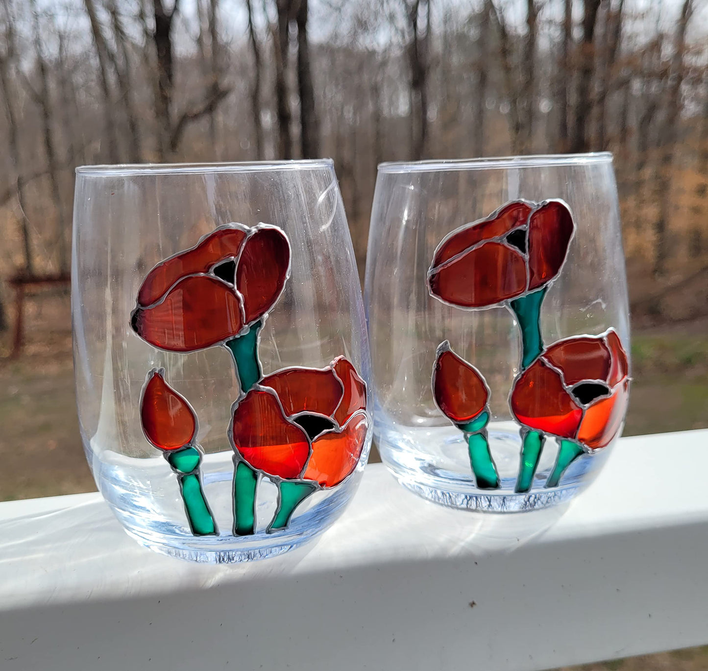 Red Poppy Flowers Hand Painted Stemless Wine Glasses Set 2