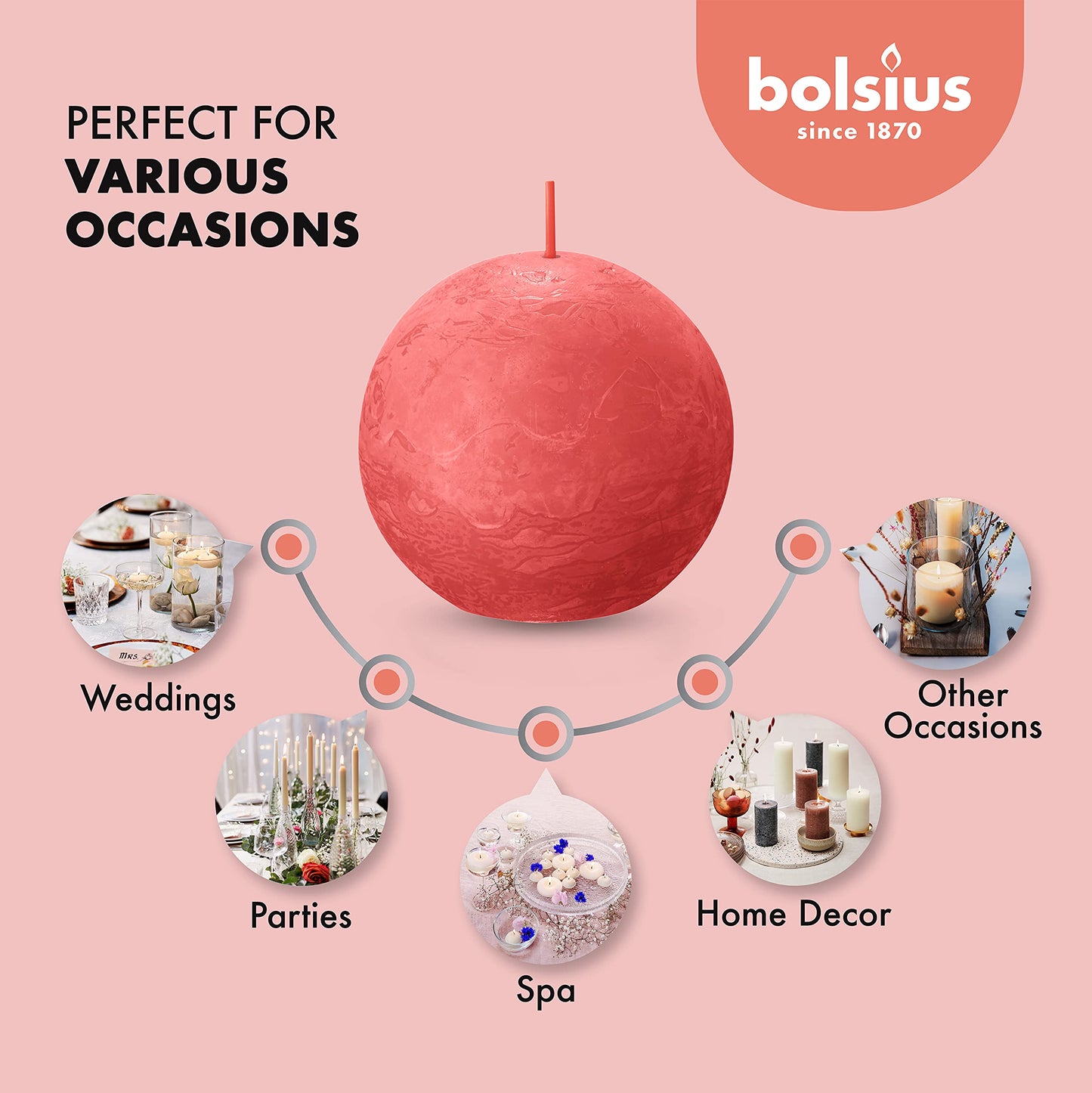 BOLSIUS 3 Pack Blossom Pink Rustic Ball Pillar Candles - 3 Inch - Premium European Quality - Includes Natural Plant-Based Wax - Unscented Dripless Smokeless 25 Hour Party Décor Candles