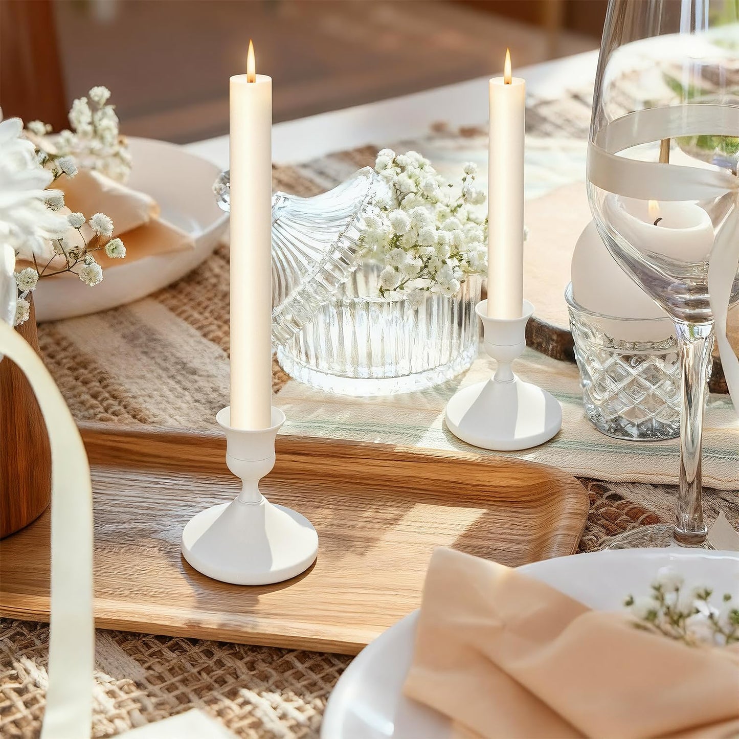 Candle Holders White Set of 6, Vintage Metal Candlestick Holders for Dinner Room Table Centerpiece, Low Metal Candles Sticks for Wedding Centerpieces Christmas Birthday Party