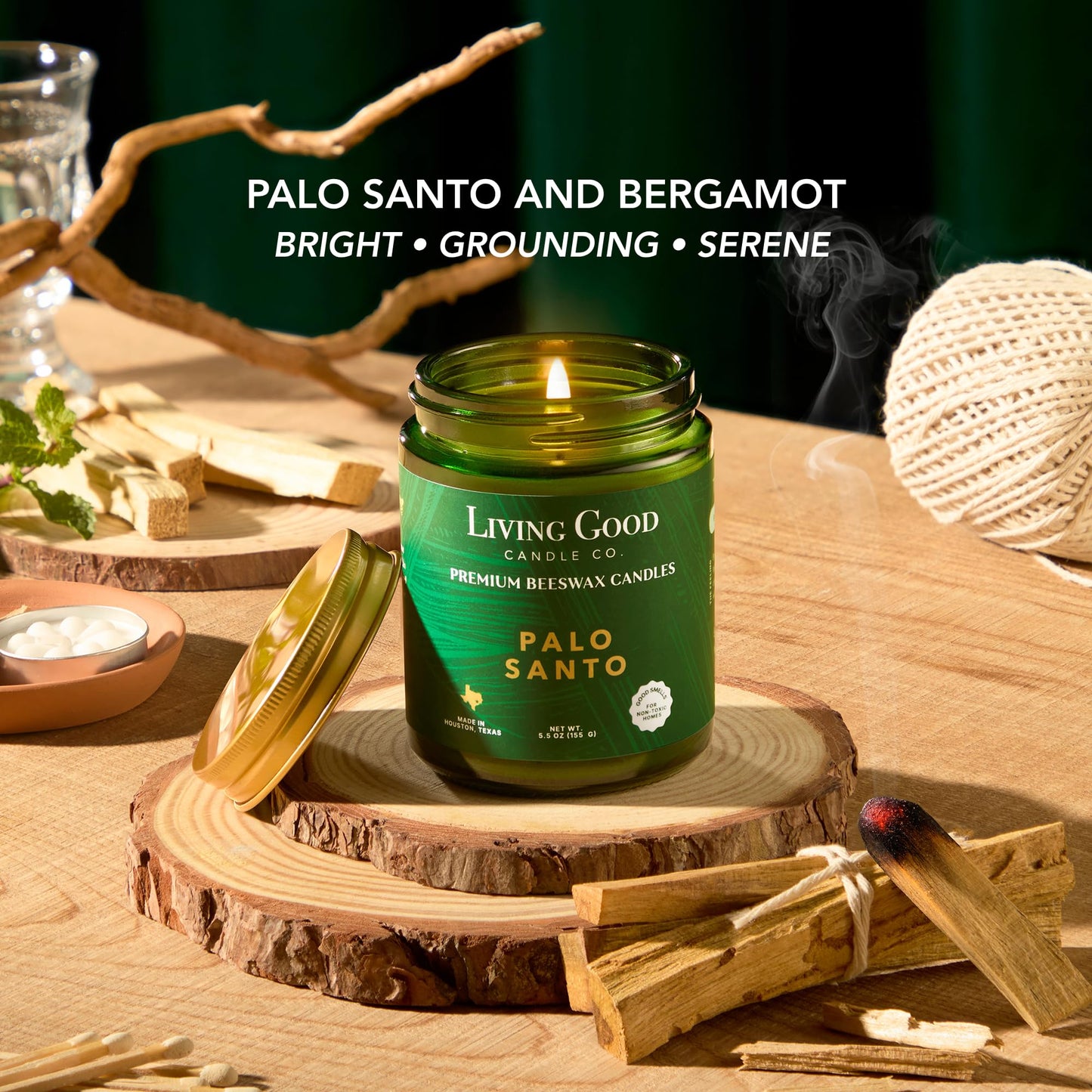 Palo Santo & Bergamot Beeswax Candle – Non Toxic Scented Candle, Clean Burning Aromatherapy Candle for Stress Relief, Grounded & Balanced, Gift for Women & Men - 5.5 OZ