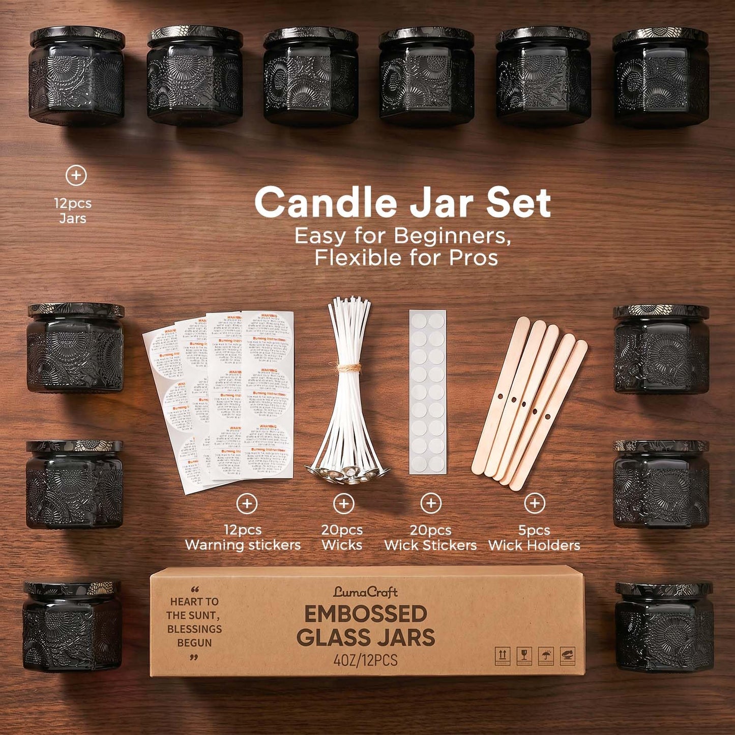 12 Pack 4oz Glass Candle Jars with Lids, Hexagon Embossed Candle Making Containers, Empty Candle Jars with 20 Wicks & Labels for DIY Candle Making, Party Favors, Home Decor