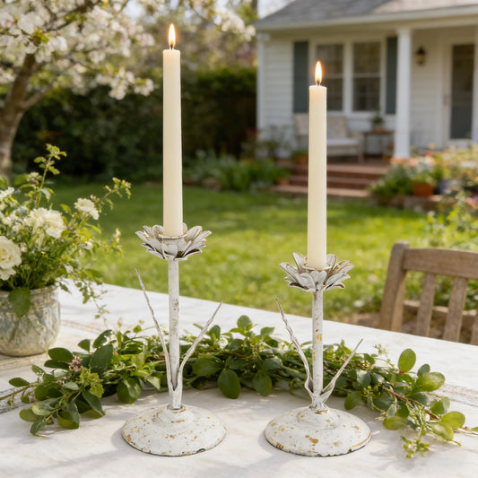 Vintage Metal Taper Flower Candle Holders Set of 2 Rustic Distressed Iron Decor Candlestick Handmade Tall Candle Stick Stands for Centerpiece Table Mantel Wedding Dining Party Home Decoration White