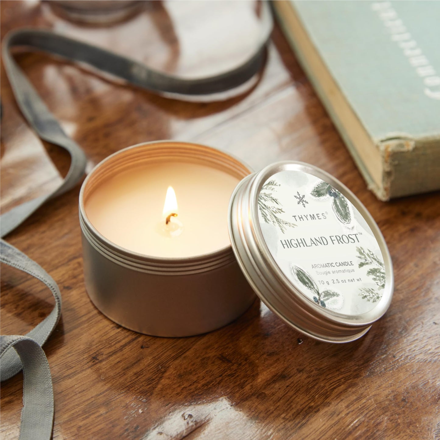 Thymes Travel Tin Holiday Candles - Scented Candles for Home Decor - Winter Scents - Luxury Home Fragrance Gifts for Women & Men - Silver (Highland Frost, 2.5 oz)