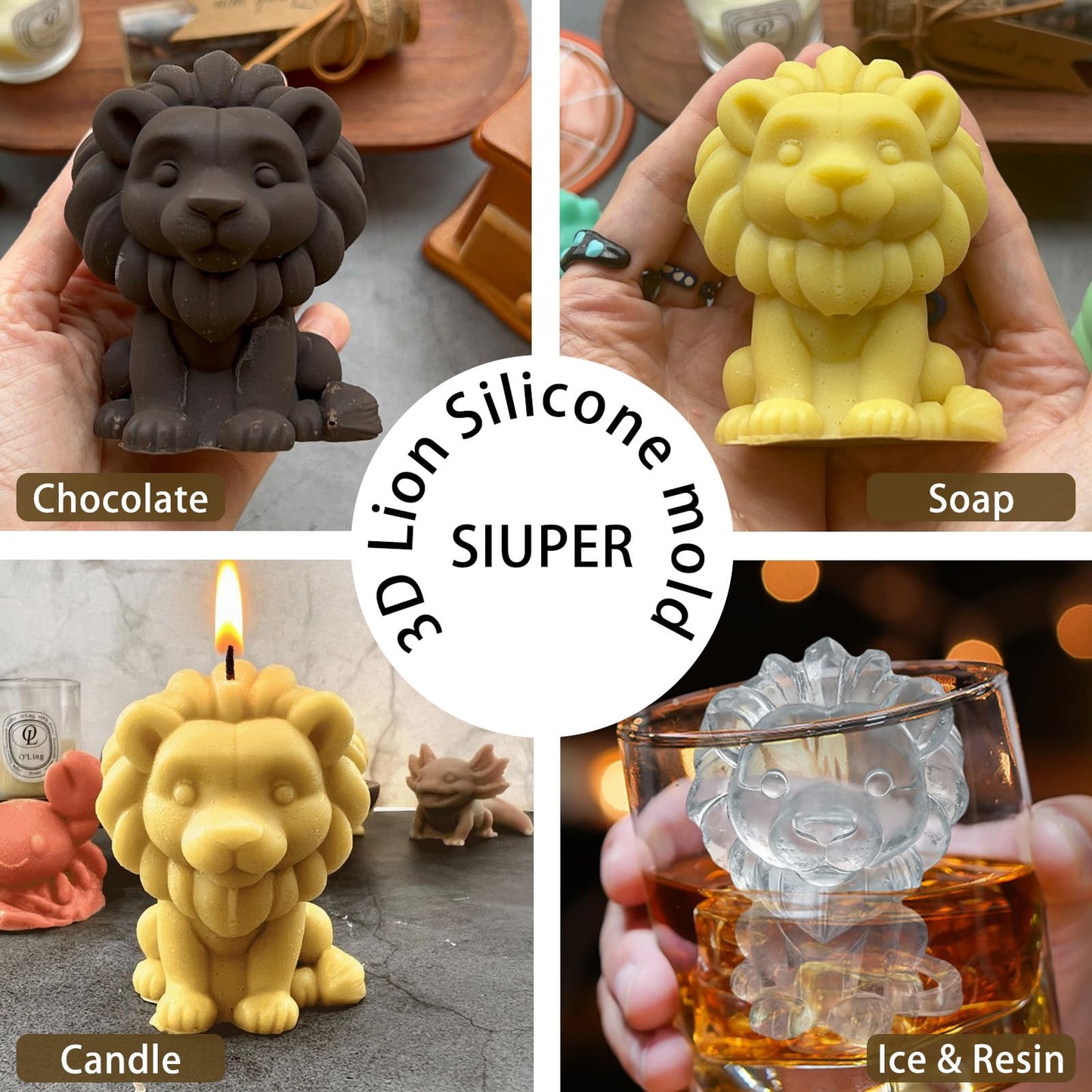 SIUPER 3D Lion Ice Cube Silicone Molds Tray for Whiskey, Cocktail, Drink, Bar; Rich Details. Fun Animal Mold for DIY Craft Taba Squishy Chocolate Soap Candle Resin Gift for Women Girls Boys; 2 Pack