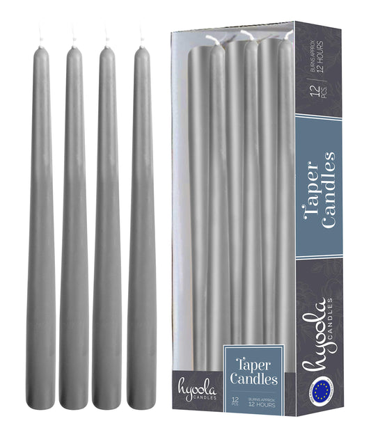 Hyoola Tall Taper Candles - 14 Inch Dark Grey Dripless, Unscented Dinner Candle - Paraffin Wax with Cotton Wicks - 12 Hour Burn Time (Pack of 12)