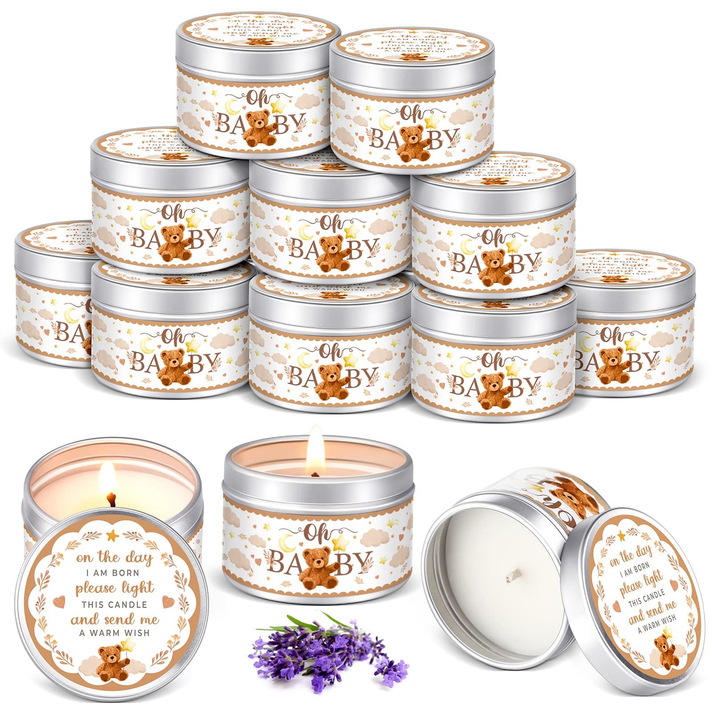 Funtery 12 Pcs Baby Shower Party Favors for Guests Baby Shower Candles Lavender Scented Candle Rustic Tealights Candles Gender Reveal Return Gifts(Bear)