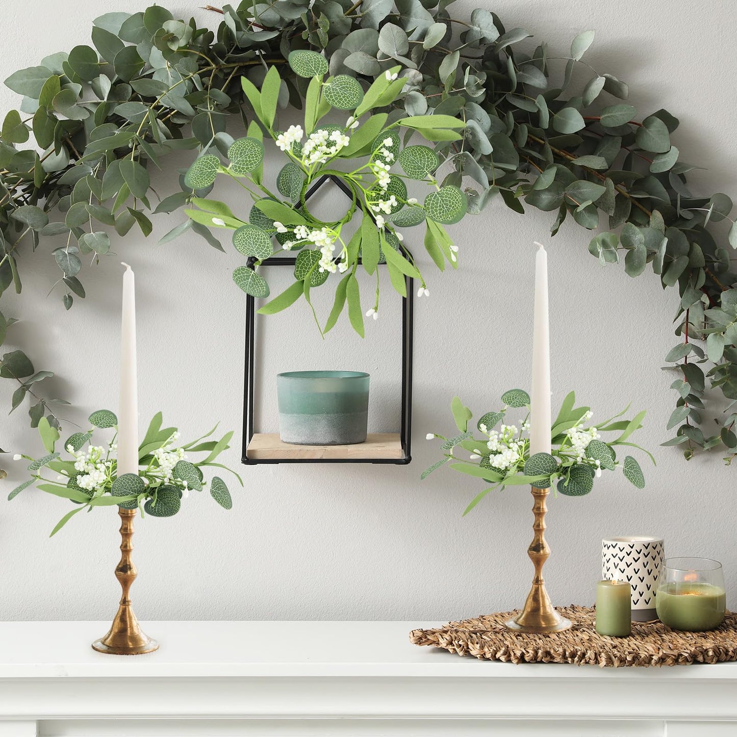 6 PCS Eucalyptus Taper Candle Rings Wreaths 1.38" Mini Spring Summer Floral Taper Candle Holder Wreaths Green Artificial Flower Table Centerpieces Wreath for Church Farmhouse Home Candlesticks Decor