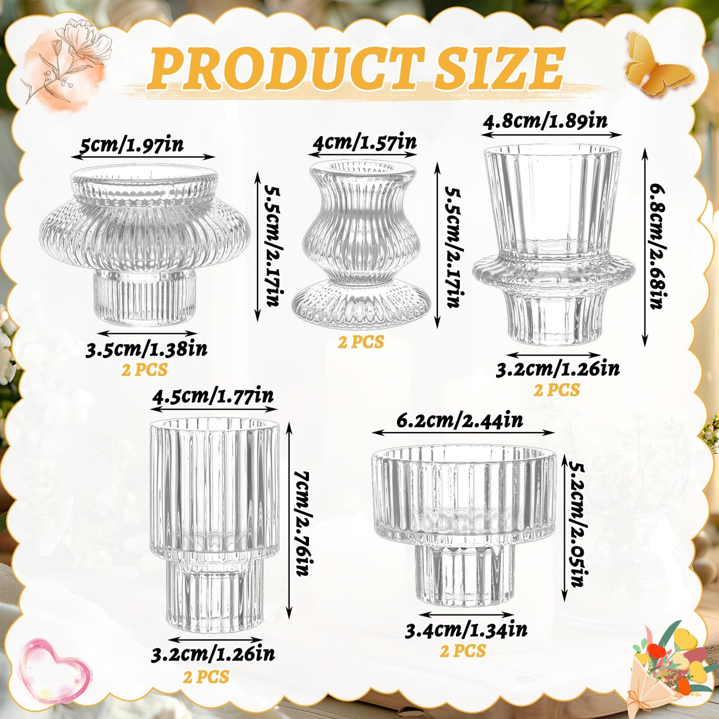 Ovveroche 10 Pcs Glass Candlestick Holders Set, Glass Crystal Taper Candle Holders Striped Vintage Reversible Clear Candle Stick Holder Ideal for Wedding, Party, Festival Celebrations, 5 Styles