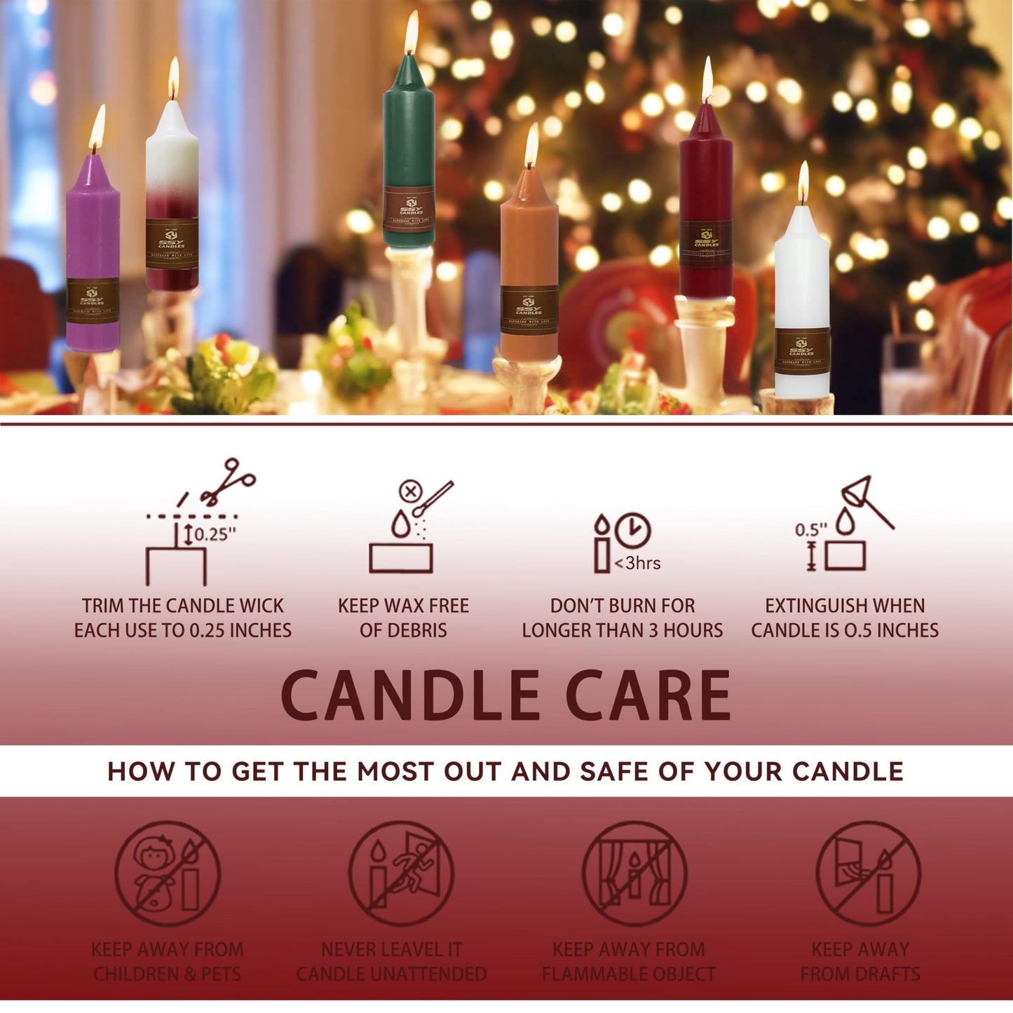 Christmas Metallic Red Candle 5 Inch Short Smokeless Taper Candles 4 Pack Unscented Dinner Candle for Christmas Dinner