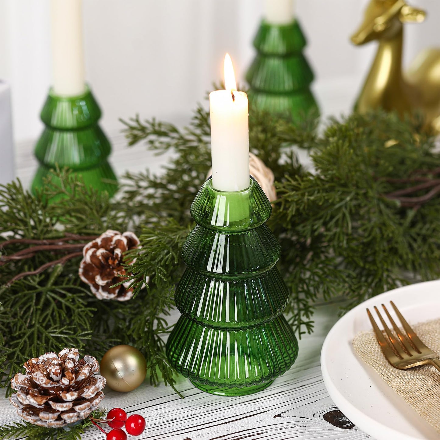 Leinuosen 4 Pcs Christmas Tree Candle Holder Green Glass Candlestick Holder for Taper Candle Stand Modern Green Candlestick for Christmas Holiday Table Centerpiece Mantel Home Room Party Decor Gift