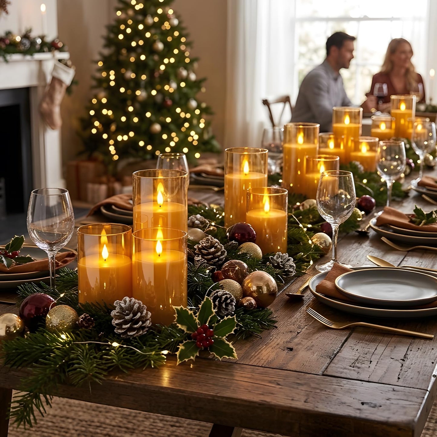 NICEME Amber Flickering Flameless Candles Battery Operated Acrylic LED Pillar Candles with Remote Control and Timer Flameless Halloween Candles for Thanksgiving Christmas New Year Home Decor, Set of 5