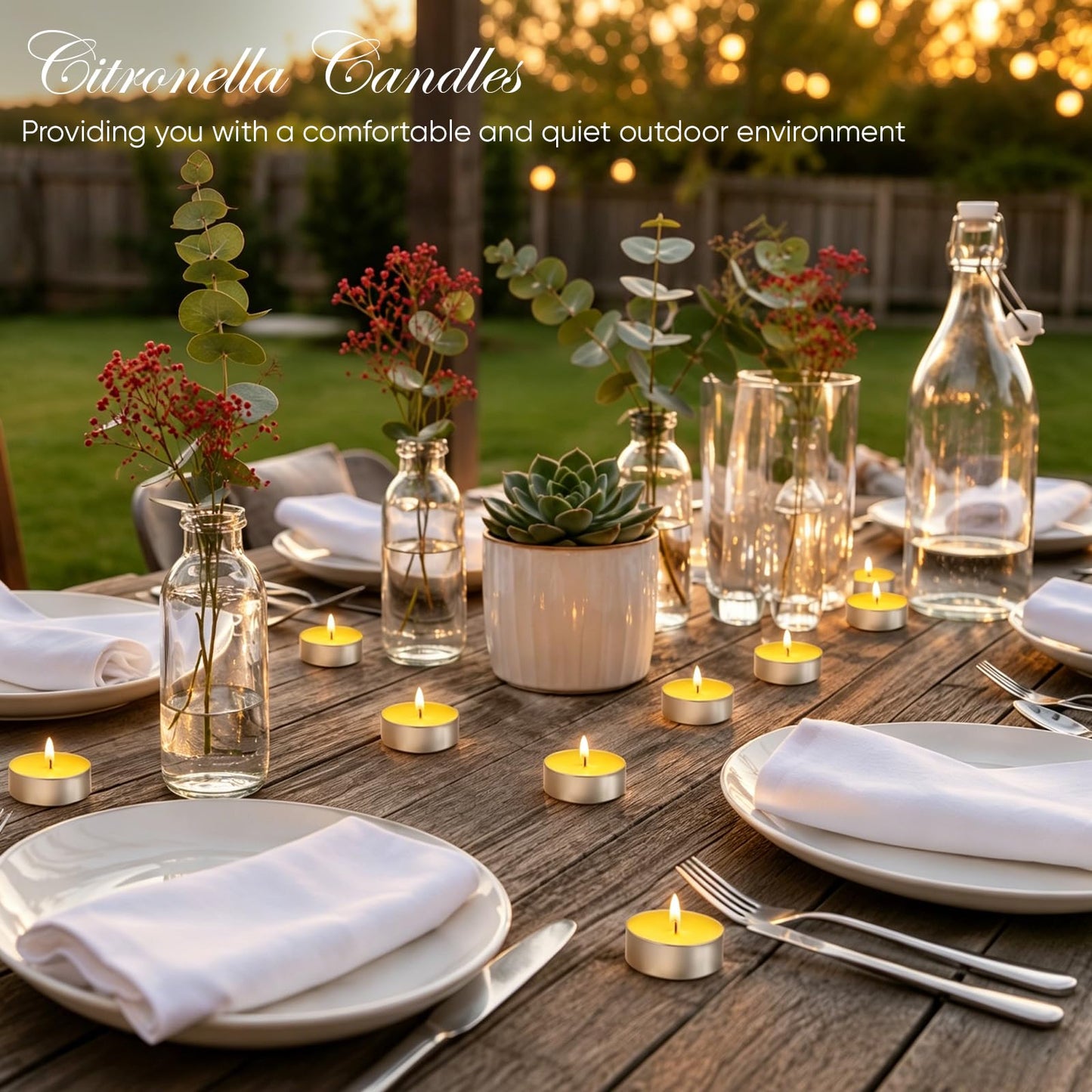 100 Pack Citronella Tealight Candles Bulk,Outdoor Intdoor Summer Scented Candles,Natural Soy Wax Citronella Tea Lights Candles for Patio,Yard,Garden,Pool,Porch,Parties,Weddings