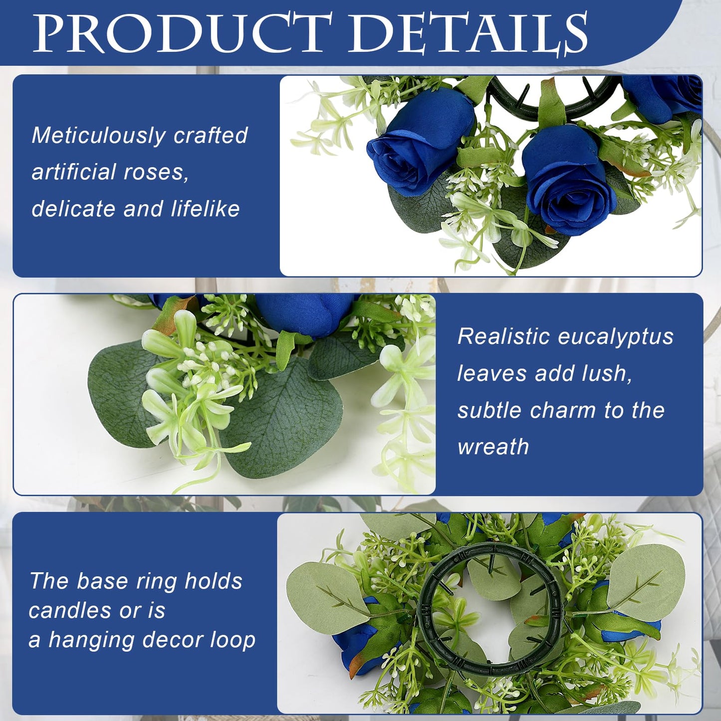 Tobilu 6 Sets Artificial Roses Candle Rings - Roses Floral Rings Wreaths with LED Candles Eucalyptus for Centerpieces Table Cabinets Front Doors Wedding Home Party Decor - Royal Blue