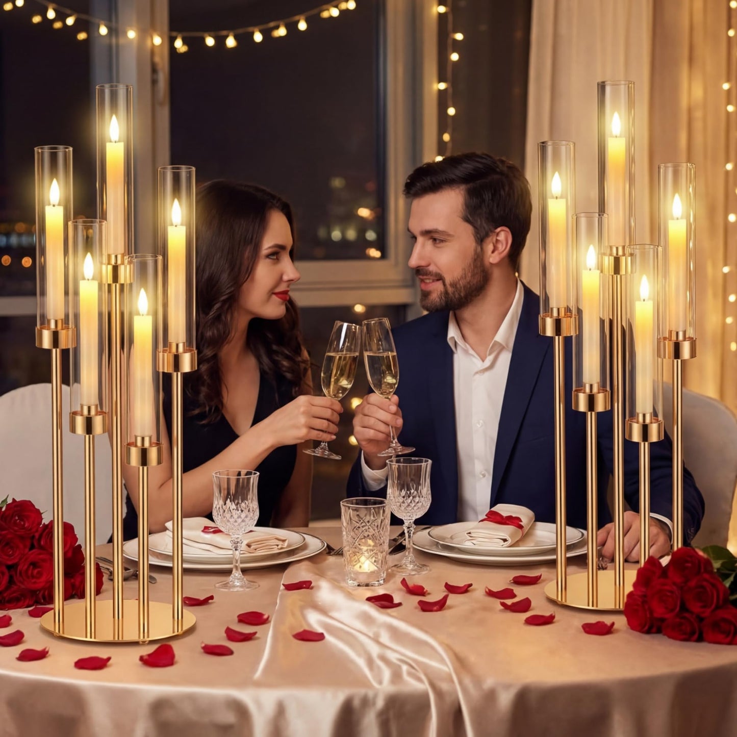 Tandefio 4 Set Gold Candelabra Centerpieces for Tables, 26.8 Inch 5 Arm Candle Holders with LED Candles and Acrylic Cylinders, Tall Acrylic Wedding Table Centerpieces for Reception Dinner Party Decor