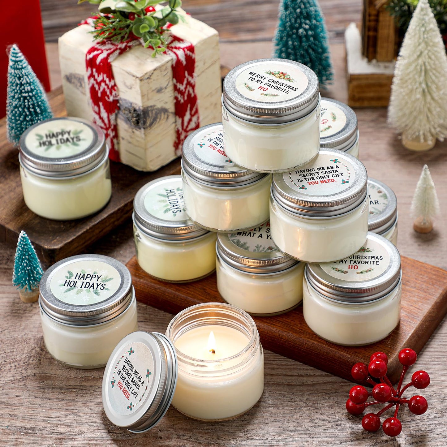 Conelist 12 Pcs Christmas Candle Jar Gift Bulk Mason Jar Christmas Scented Candle Mini Small Soy Wax Aromatherapy Gifts Xmas Stocking Stuffers for Neighbor Women Friends Christmastide Gifts