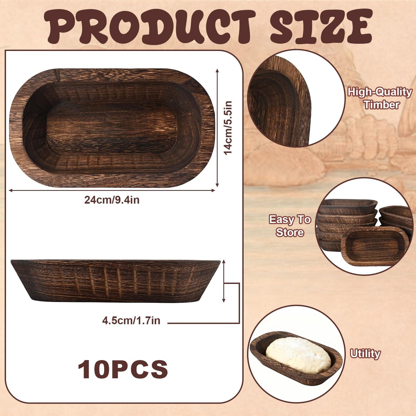 ONESIXEC 10 Pack Wood Decorative Bowls Long Heavy Handmade Carved Key Bowl for Entryway Table Home Decor Rustic Boho Decor Bowls for Candle Making Potpourri Catch (9.4" x 5.5" x 1.7")