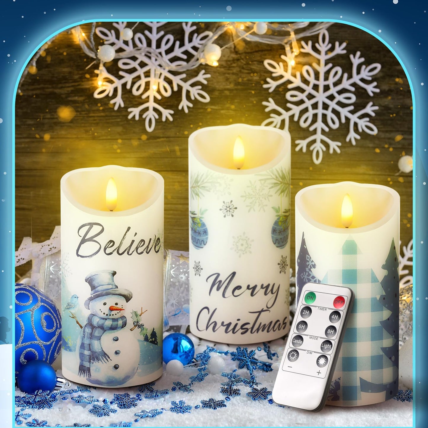 ROCEEI 3 Pcs Christmas Snowflake Style Candles Battery Operated LED Candles Winter Christmas Snowflake Style Pillar Flickering Real Wax Decorations for Indoor Table Decor Xmas Gifts Holiday Party