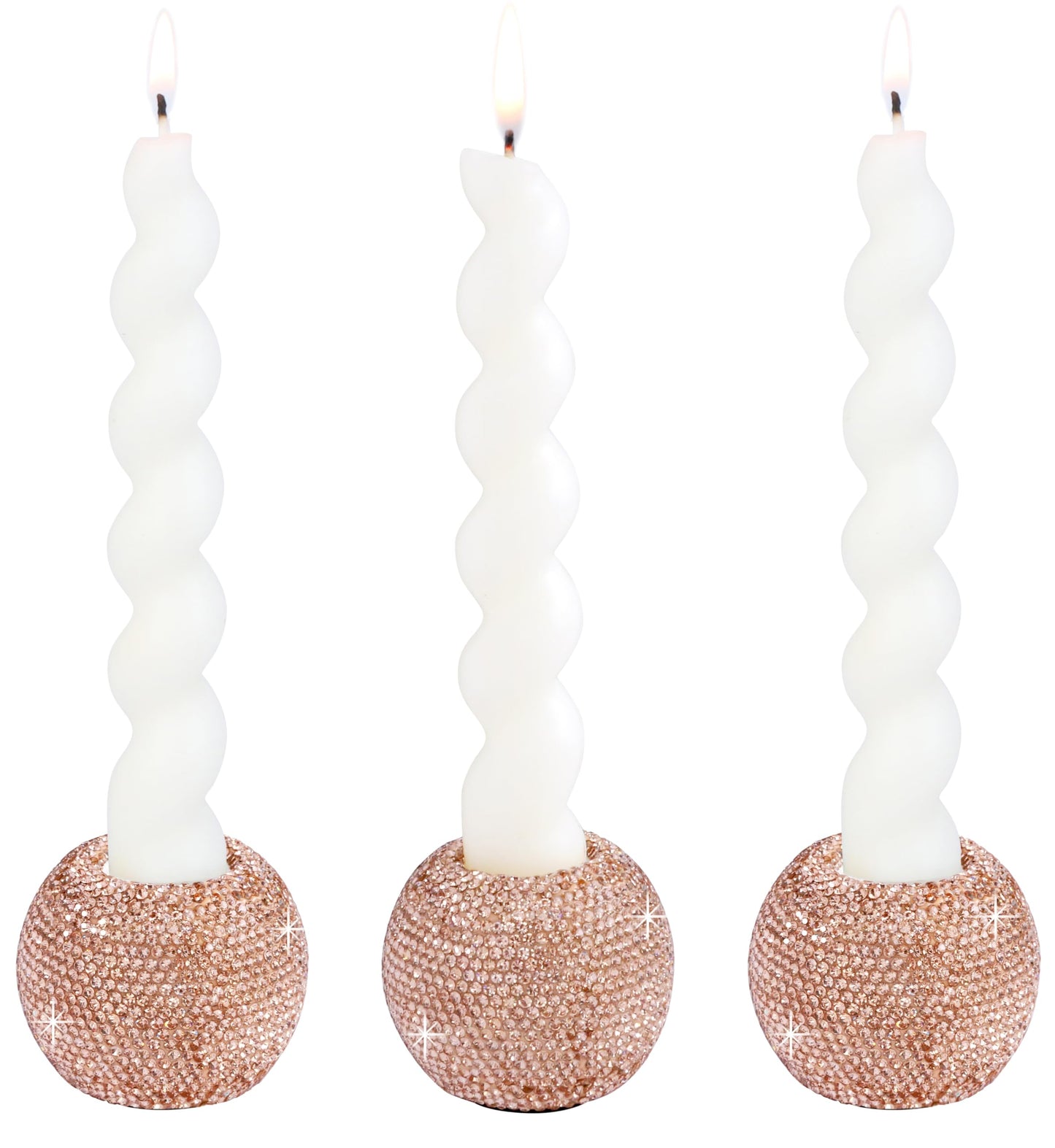 Vixdonos Round Resin Rhinestones Candlestick Holders Set of 3 Ceramic Candle Holder Bulk for Taper Candles,Rose Gold