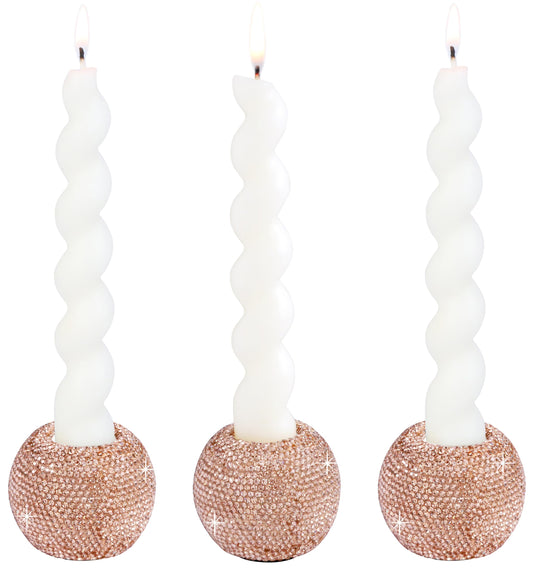 Vixdonos Round Resin Rhinestones Candlestick Holders Set of 3 Ceramic Candle Holder Bulk for Taper Candles,Rose Gold