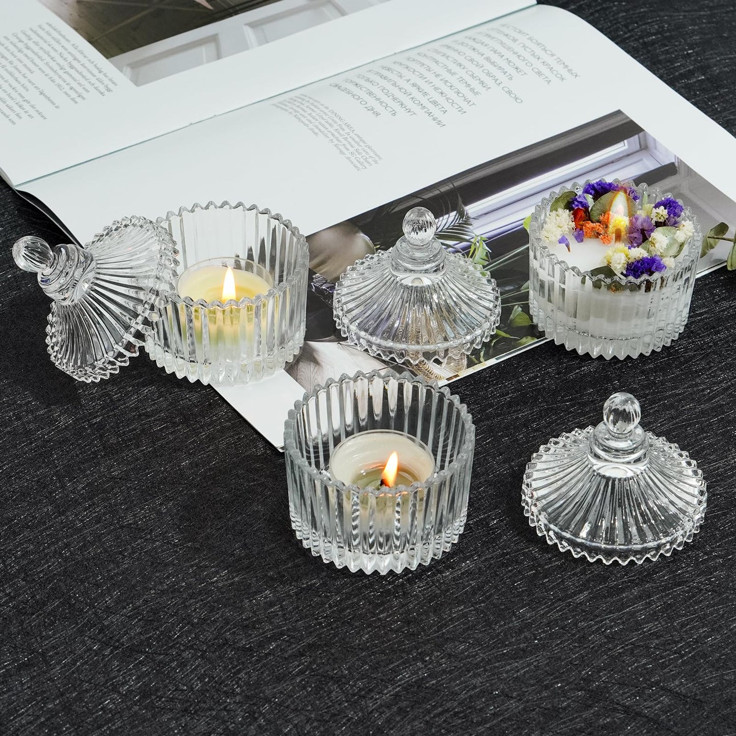 Jollyhilan 12 Pack Candle Holders with Lids,Tealight Candle Holders Pack Alone,Glass Holders for Pillar Candles,Wedding, Home Decor, Candy Glass Storage