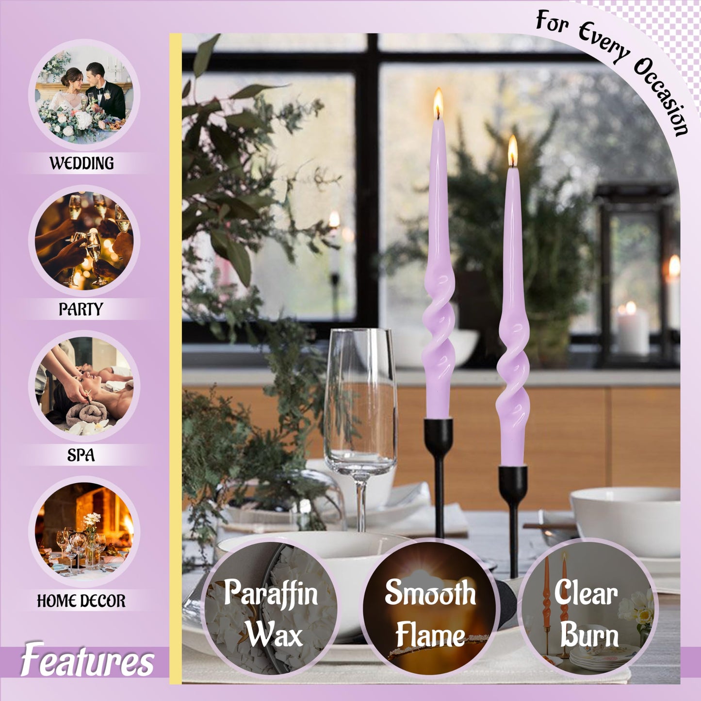 FLAMMUL Spiral Taper Candles Handmade Unscented Twisted Candles 9.5 Inch Purple Candlesticks Dinner Candles for Table Home Party Decor 2 PCS