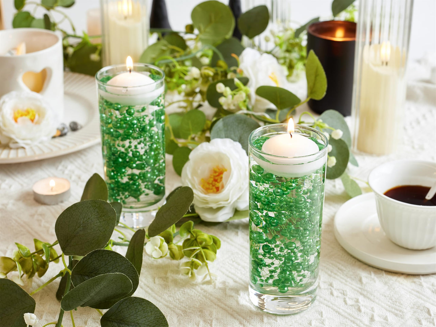 YATOJUZI 30 PCS Artificial Pearl String Green Vase Filler Floating Pearls for Vases Centerpieces Faux Pearl Beads String Decorations Wedding Holiday Party Decor
