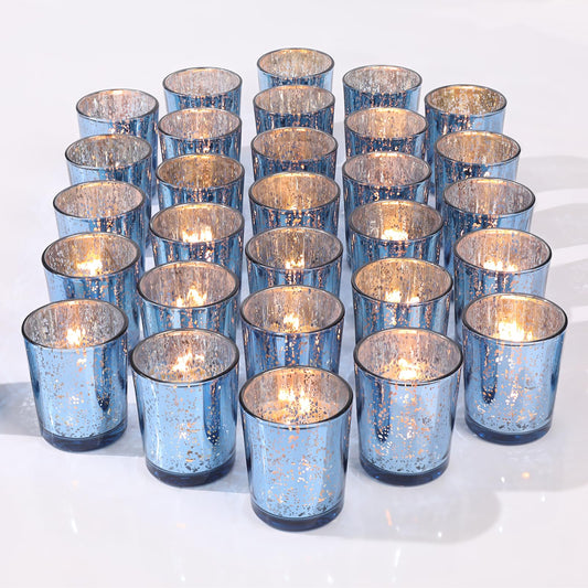 LETINE Blue Votive Candle Holders Set of 36 -Mercury Glass Candle Holders for Wedding & Baby Shower Decor - Ideal for Bridal Shower & Centerpieces for Tables